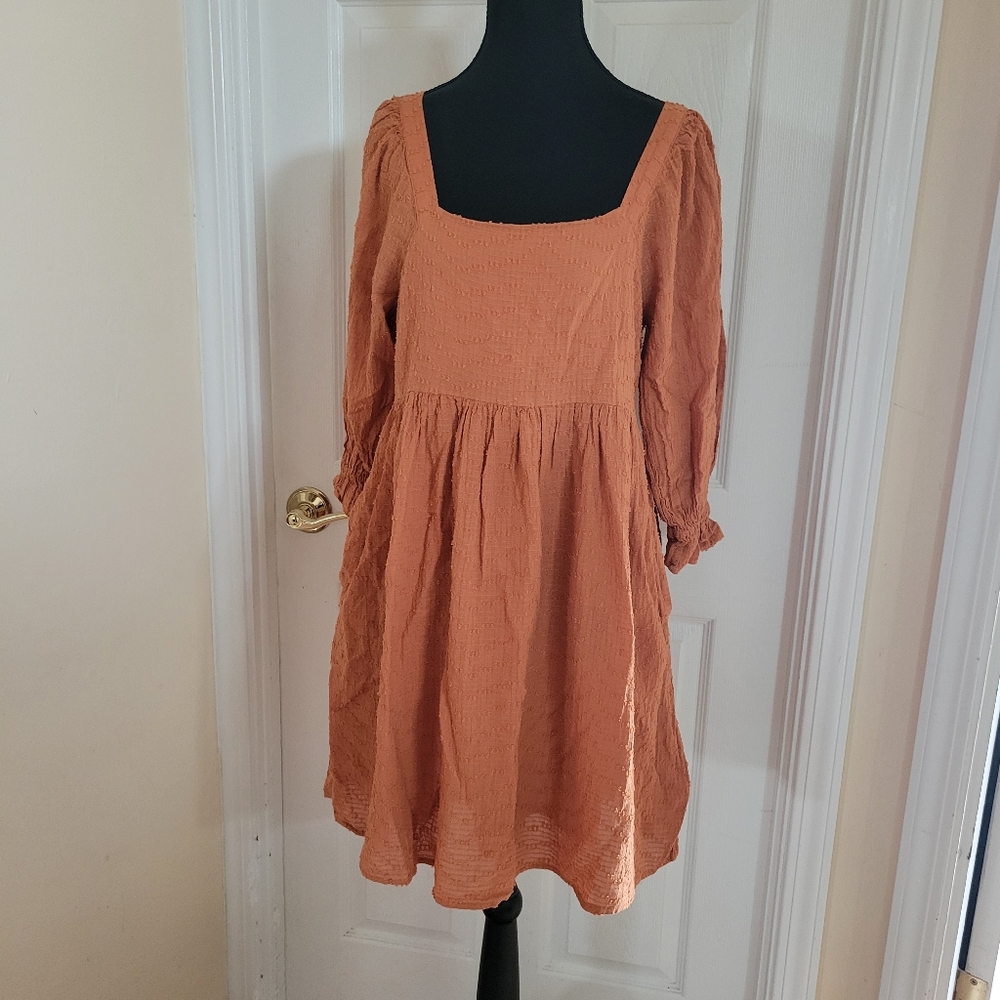 Madewell Orange Clip Dot Puff Sleeve Cottagecore Boho Western Mini Dress Vacay 4 - Picture 6 of 13